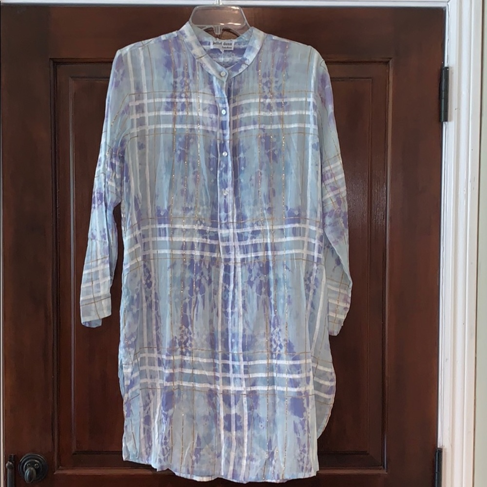 Juliet Dunn Light Blue and Lavender Plaid Long Sleeve Tunic